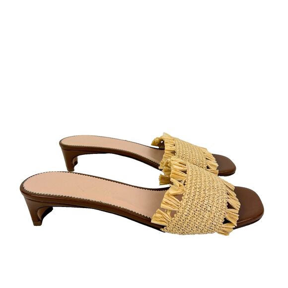 J.Crew Lina Kitten Heels Sandals Woven Raffia Fringe Natural Straw & Leather 9.5 - Picture 2 of 11
